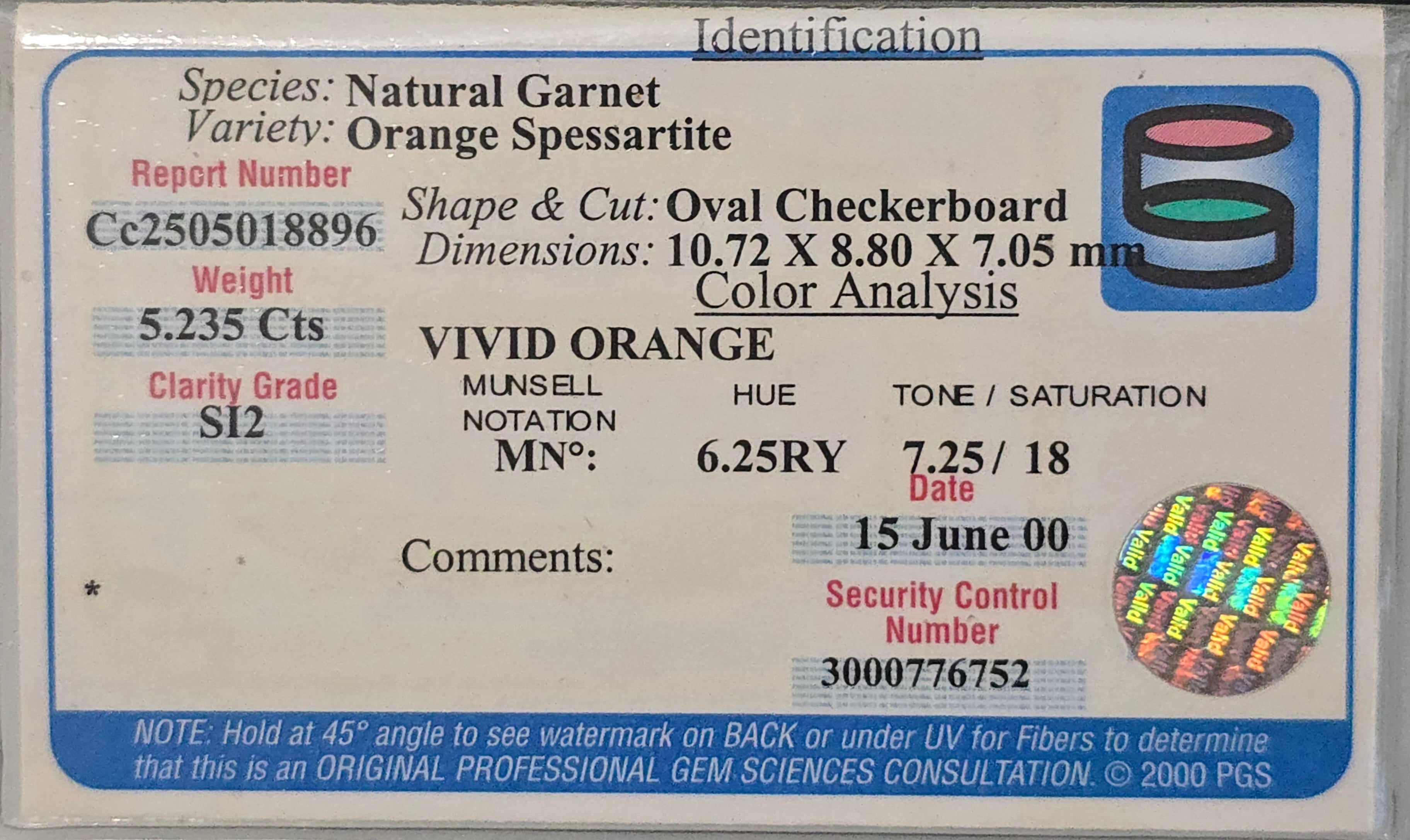 A gemstone identification card for a Natural Garnet variety Orange Spessartite, showing color analysis, dimensions, and a holographic security code on a white background.