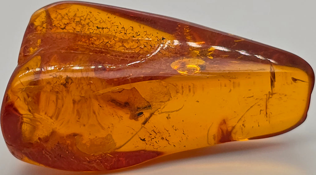 A polished translucent freeform amber stone with internal inclusions, photographed on a plain light background.