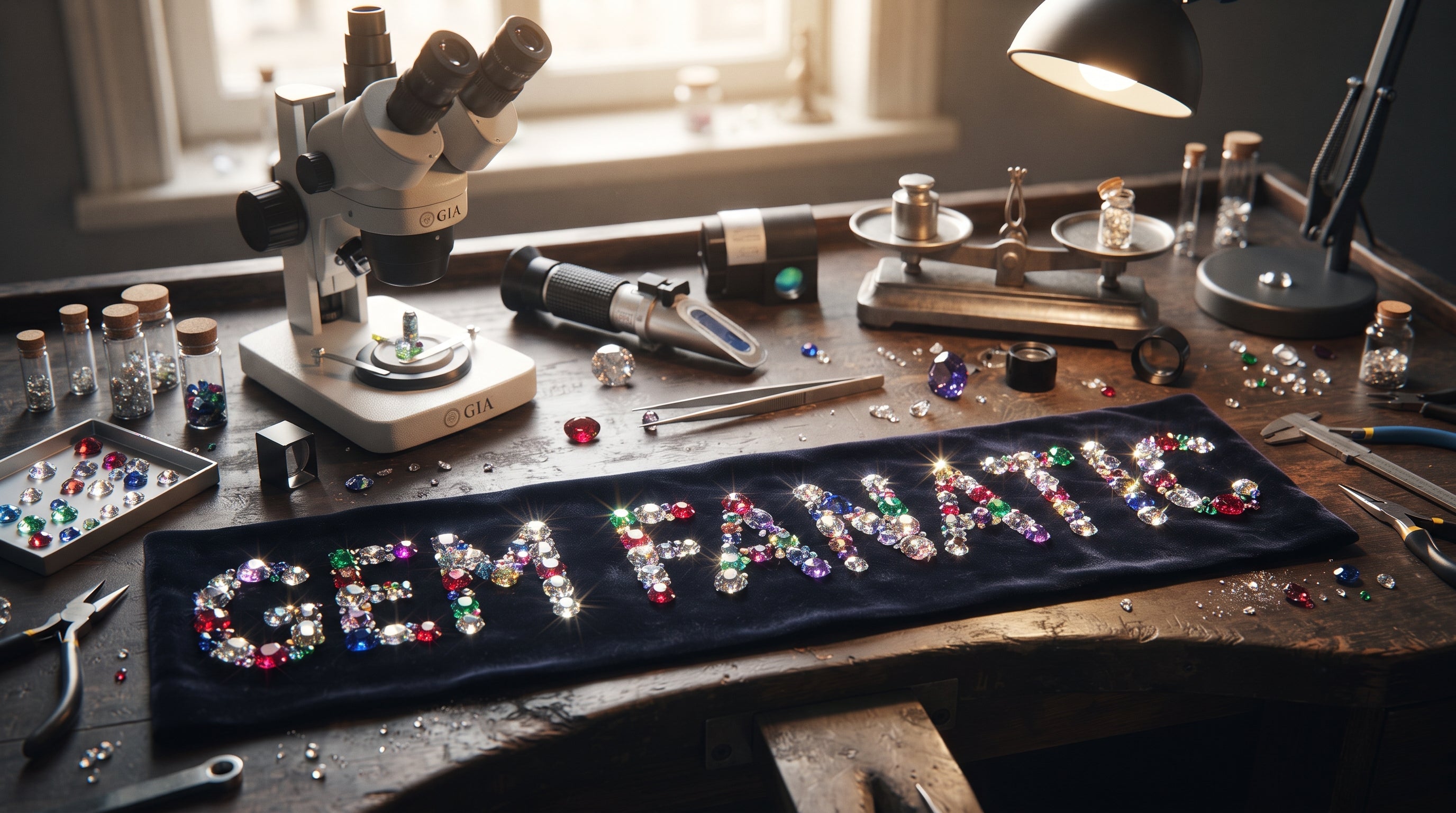 Gems spelling Gem Fanatic on a jewelers bench with gem testing equipment